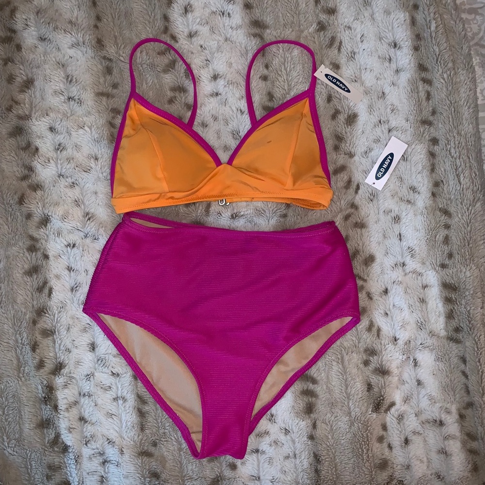 Orange and pink high waisted bikini set